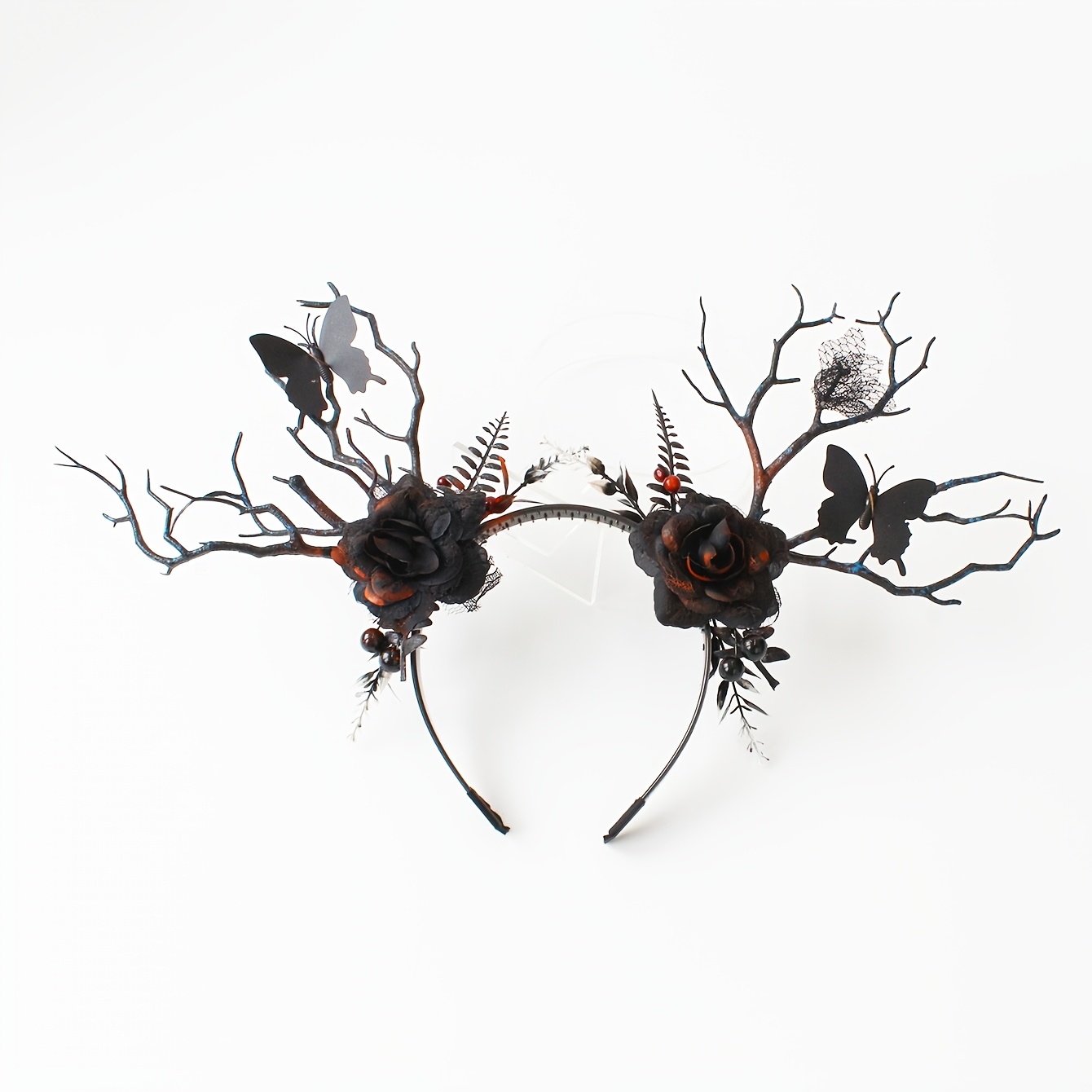 TEMU 1pc Dead Branch Deer Horn Black Rose Headband, Eerie Dark Halloween Style, Suitable For Halloween Family Makeup Parties, Halloween Forest Themed