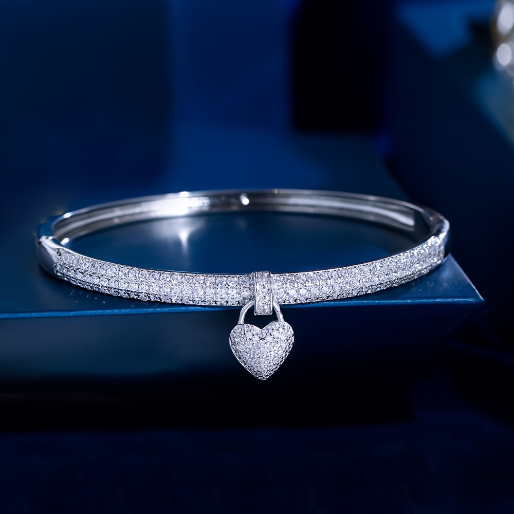 Heart Zirconia Bridal Bangle, Silver Plated, Wedding Jewelry