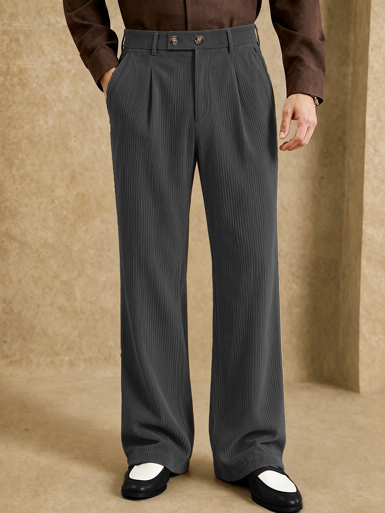 Men's Vintage Corduroy Trousers, High-Waisted with Double Pleats and Elastic Waistband, Designer Draped Wide-Leg Pants for Autumn/Winter Business Casual Formal Wear