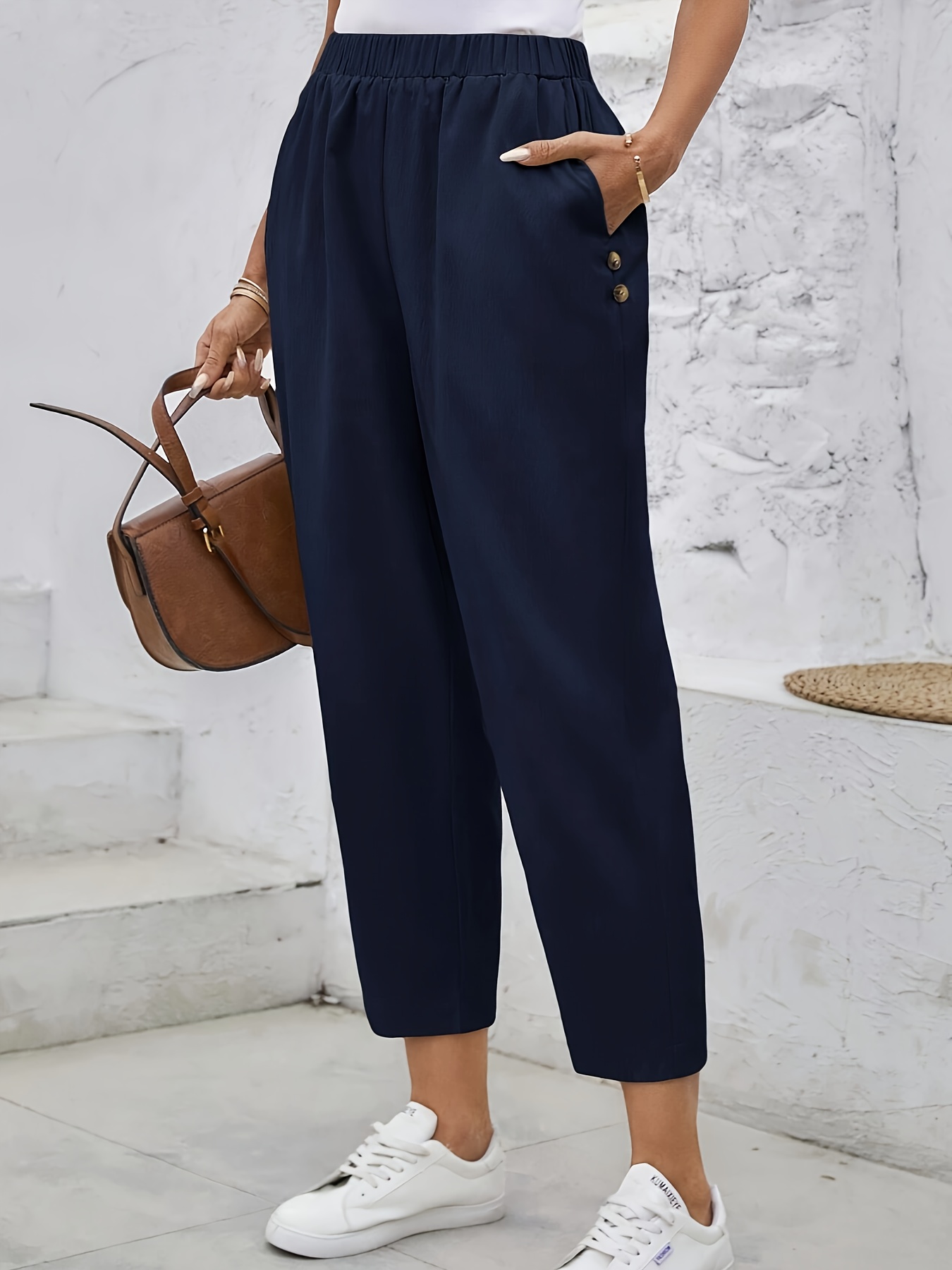 women's navy blue casual elegant loose fit tapered capri Temu Oman