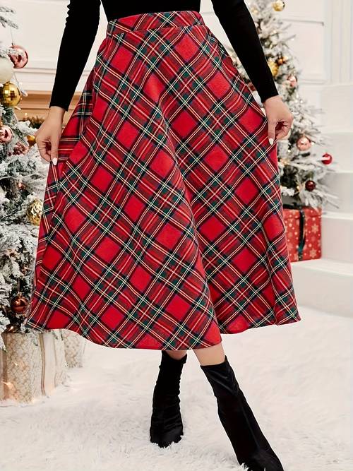 christmas print flared skirt new year outfit long womens dress