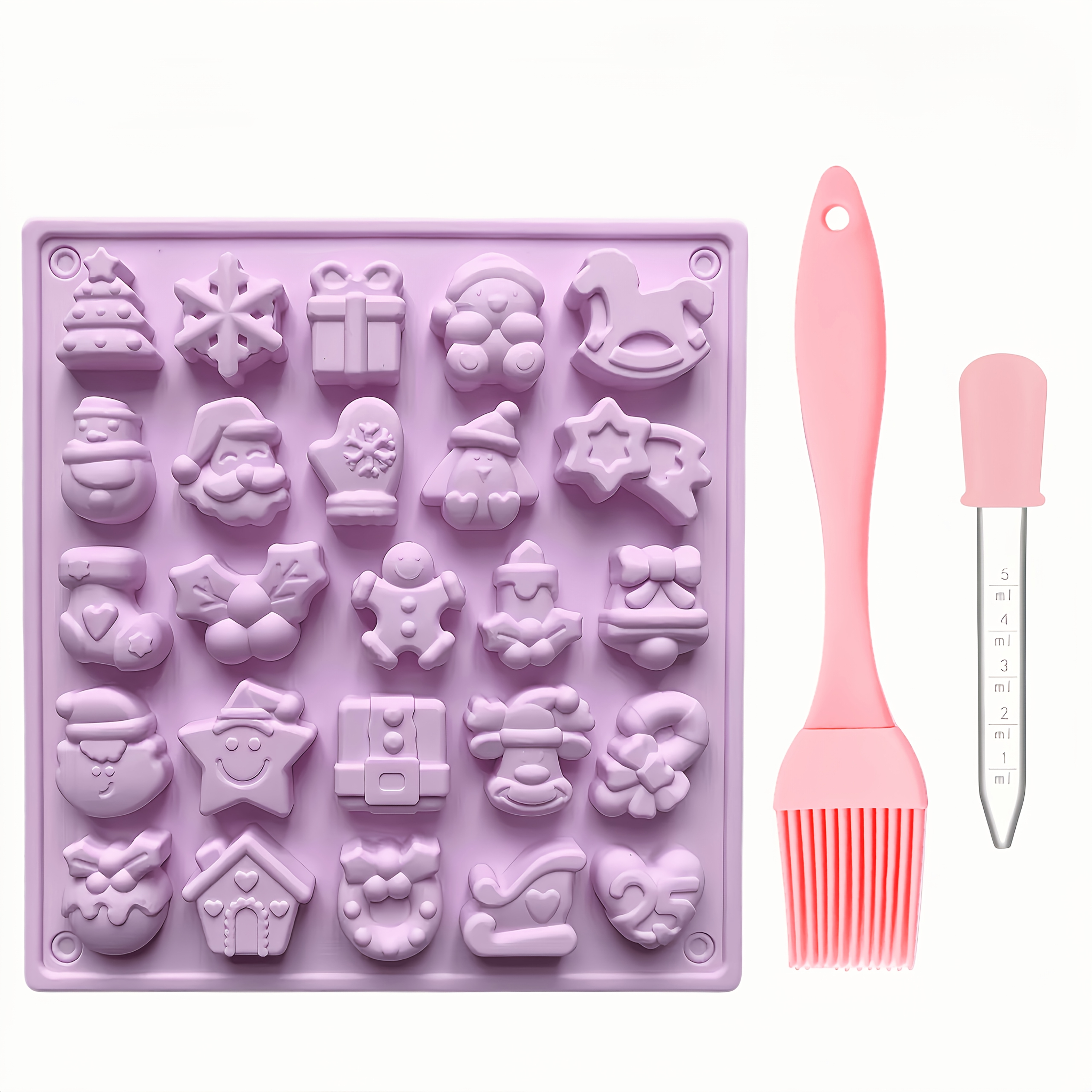 TEMU New 3pcs Set (25- Christmas Silicone Mold, 1 Brush, 1 Dropper) Holiday-shaped Mold, Suitable For Diy Candles, Soaps, And Resin Crafts For Home