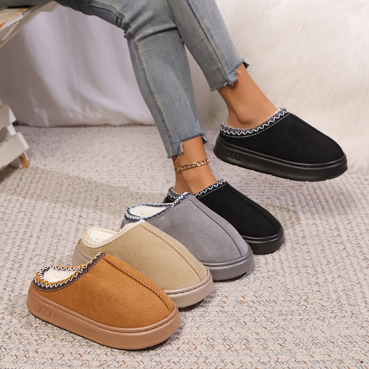 

Women's Winter Slippers, Solid Color Slip- Shoes With Eva Sole, Warm Indoor Home Footwear, Non-slip Sole,