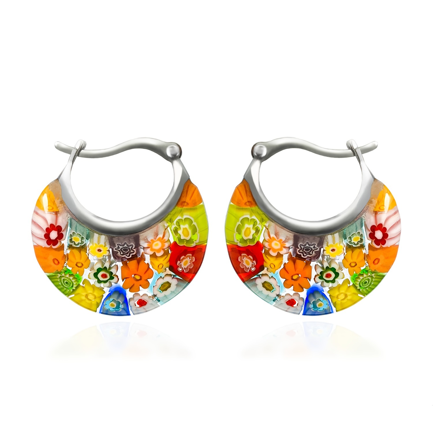 TEMU Style Millefiori Women' Hoop Earrings Daisy Flower Stainless Steel Jewelry Fashion Women Birthday Gift 11.3g, Glass Hoop Earrings