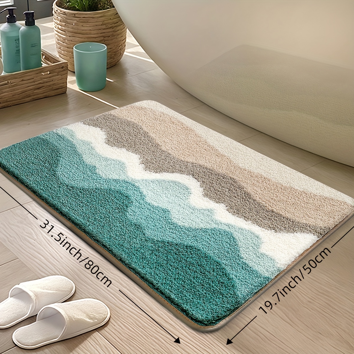 TEMU 1pc Fluffy Bath Rug Bathroom Mat, Bath Mat, Beach Pattern Simple Absorbent Premium Bathroom Rug, Non-slip Comfortable Bathroom Mat For Bathroom