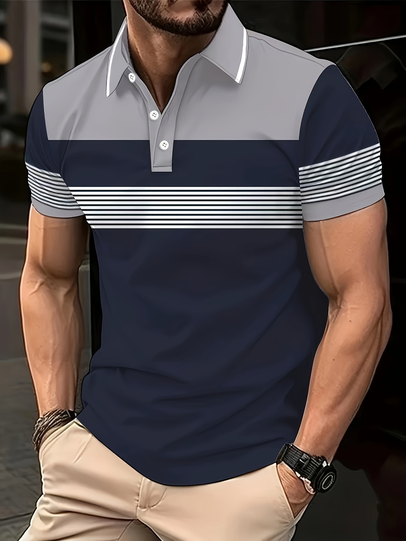Men's Plus Size Golf Shirt - Casual Striped Short Sleeve with Collar, Breathable Polyester Blend, Machine Washable - Navy & Gray Patchwork Design, PLUS SIZE