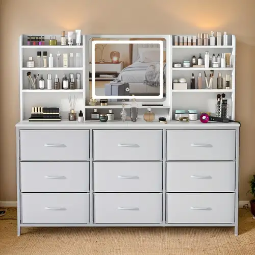 Dressing Table Featuring a * Mirror * with Nine Fabric Drawers And * Storage Shelves, Ideal for Women And Girls, with Adjustable Lighting in * Finished in White Dressing Table Featuring a * Mirror * with Nine Fabric Drawers And * Storage Shelves, Ideal for Women And Girls, with Adjustable Lighting in * Finished in White