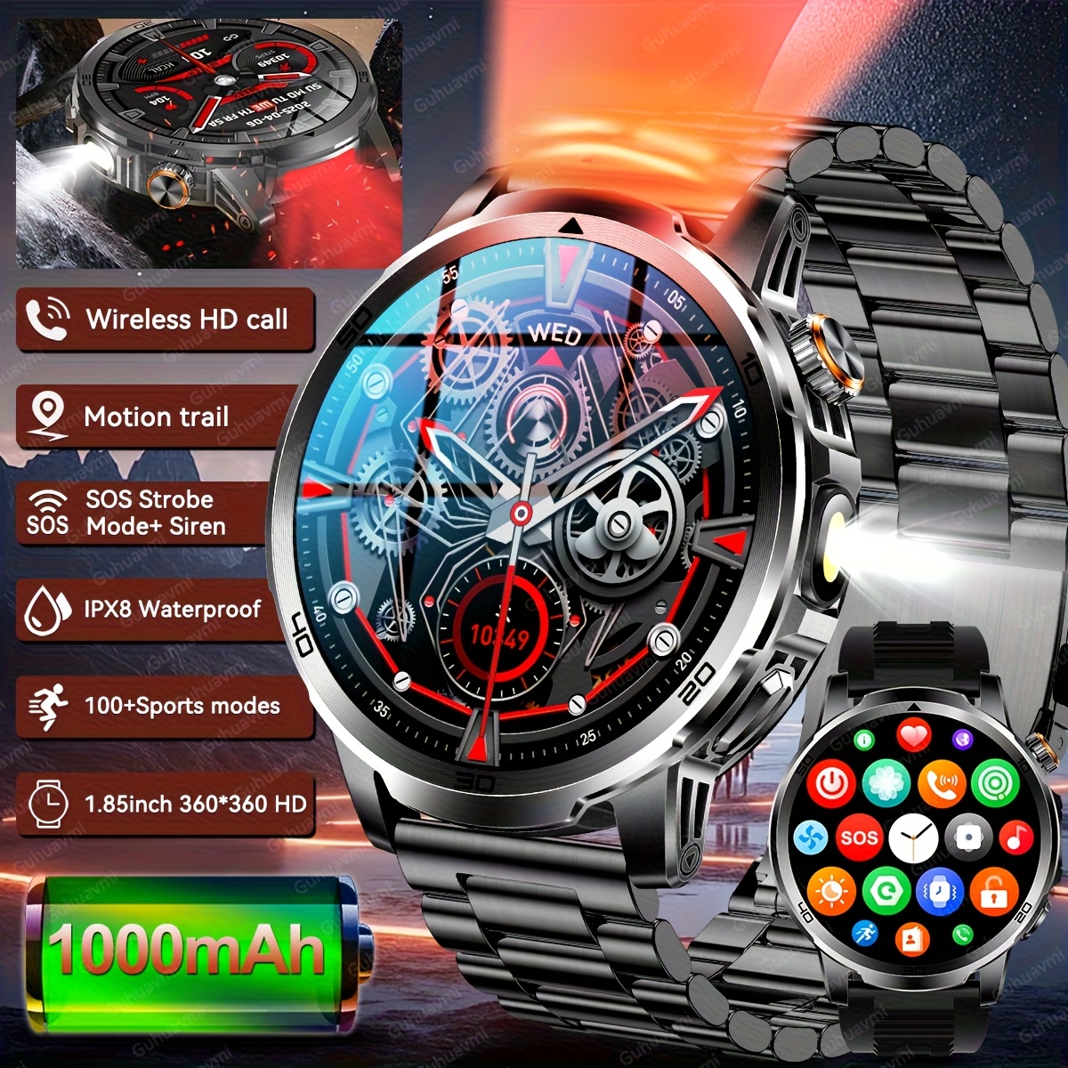 Image of Guhuavmi 2025 's Outdoor Watch, 1000mah Large Battery, Two-color Led Flashlight, 1.85-inch High-definition Full Touch Screen, Alloy Body, With Wireless Call, , Reminder