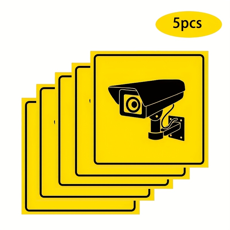 5pcs 4.1in/10.5cm Surveillance Camera Pattern Label Stickers, Floor Mount Paper Signs For Personal Items And Public Spaces, Anti-theft Warning Stickers, Theft, Secure Your , Yellow And Design