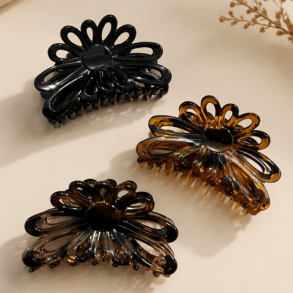 TEMU 3pcs Vintage Hollow-out Flower Hair Claw Clips For Women, Large Shark Clips, , Suitable For Showering, Makeup, Home Hairstyling, And Commuting,