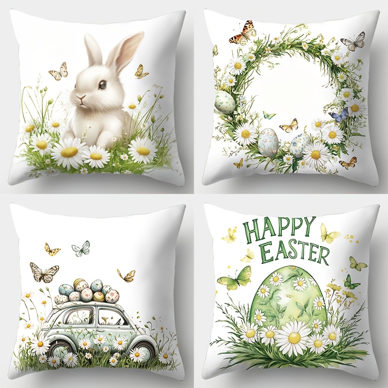 

4pcs Rustic Easter Throw Pillow Covers, Country Style Polyester Cushion Cases With Zipper Closure, Hand Washable Decorative Pillowcases For Home, Office, And Living Room Decor - Single-sided Print