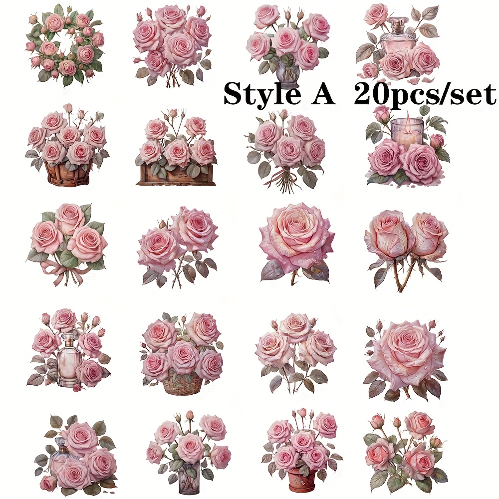 20pcs/set Vintage Valentine's Day Rose Flower Handcrafted Stickers Decoration 2d Flat