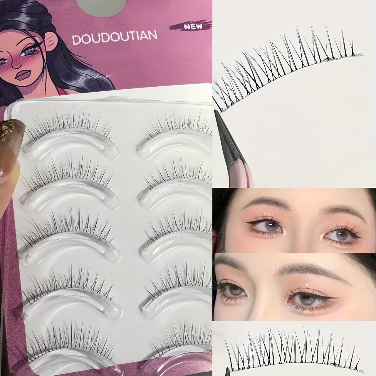 Doudoutian Natural Look False Eyelashes - Full Strip, Transparent Band, Wispy Fairy Lashes, Easy Diy Application For Beginners