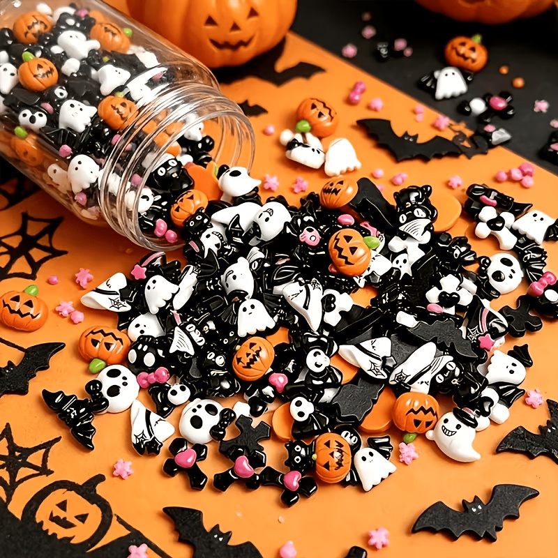 TEMU 30pcs Assorted 3d Halloween Nail Charms, Cute Resin Pumpkin Bat Black Cat Bow Nail Art Decorations, Kawaii Spooky Gothic Nail Ornaments & Gems