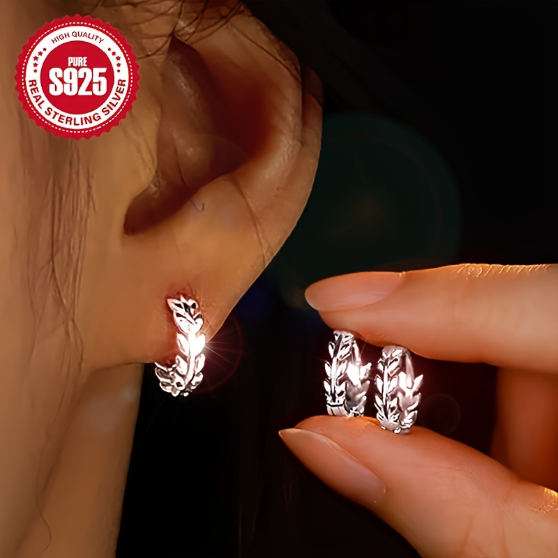 

Of Women's Elegant 925 Pure Silvery Leaf-shaped Ring Earrings - Hypoallergenic, Suitable For And Gift