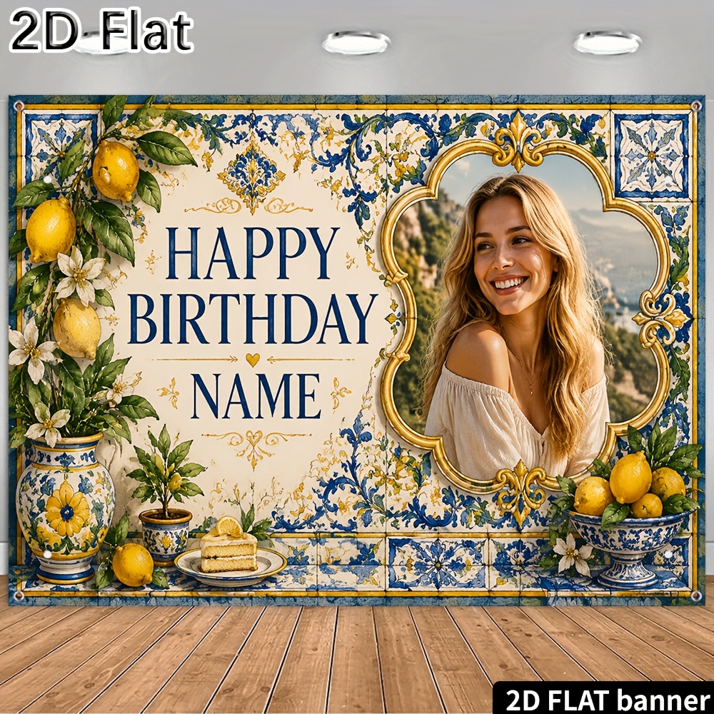 TEMU 2d Flat, [2d Plat] 1pc Party Banner Custom Photo Name Beautiful Vintage Elegant Lemon Mediterranean Themed Happy Birthday Backdrop With Printed