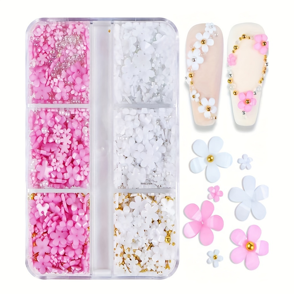 Image of 6 Grids/box 3d Mixed Pink White Small Flower With Golden Silvery Beads Nail Art Charms Resin Fashion Cartoon 3mm, 6mm Small Flower Nail Art Charms Nail Decoration Manicure Nail Supplies Nail Gems