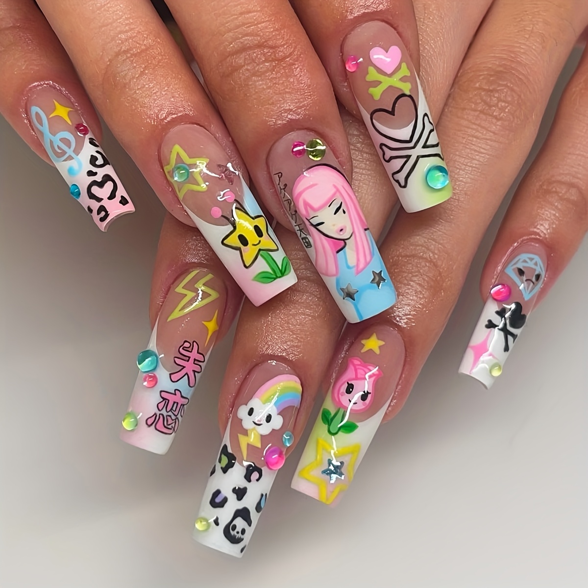 24 uñas postizas largas cuadradas de color rosa para el cabello, diseño cómico de   de   y  ,   de dibujos animados, sapphier, color caramelo, cuentas de  , leopardo  , cara sonriente, estrella de   puntas amarilla,   de amor negro y rosa, uñas postizas portátiles para fiestas   de uñas cómicas