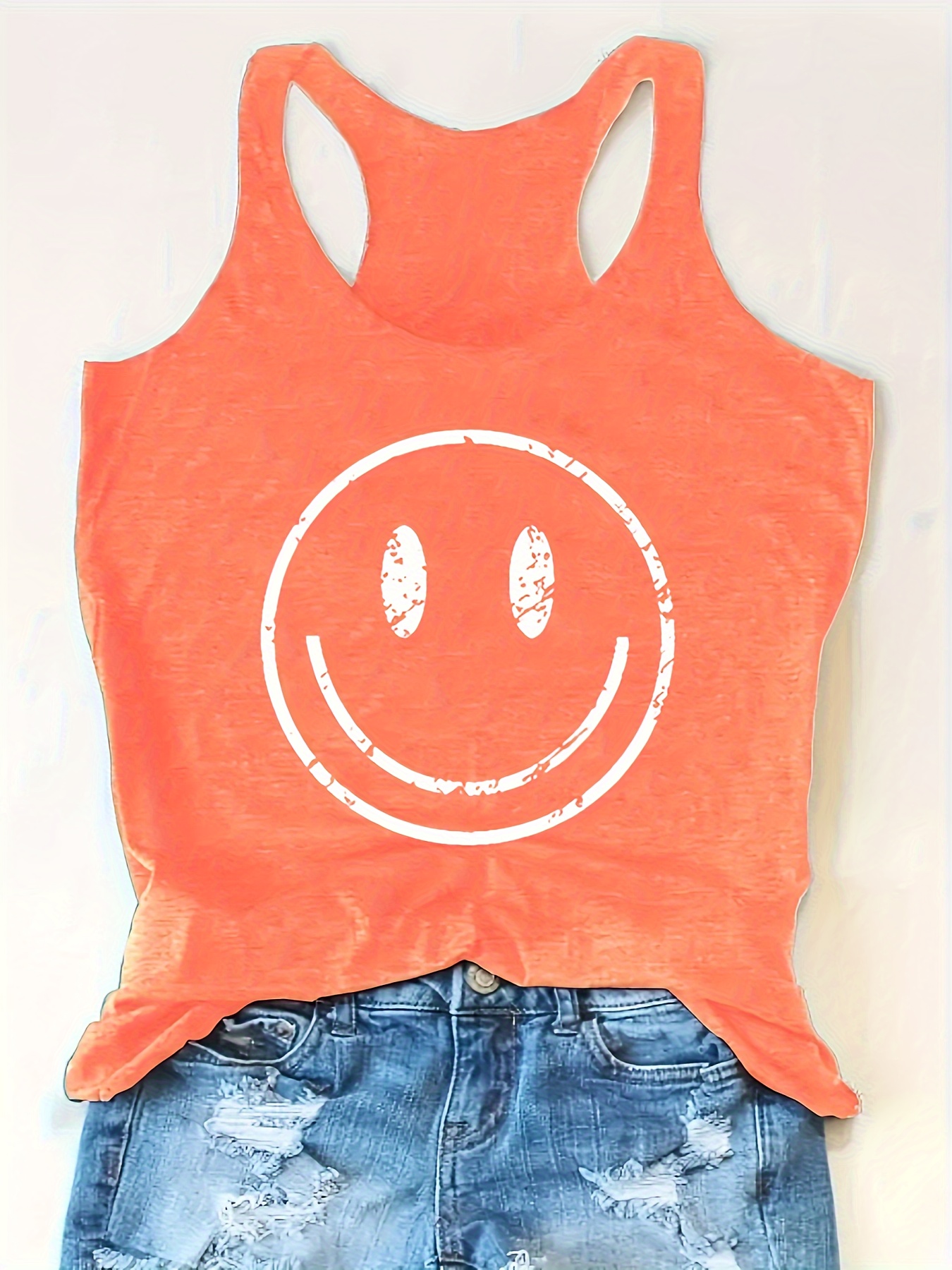 Smile Print Crew Neck Tank Top, Casual Sleeveless Tank Top For Summer, Women's Clothing