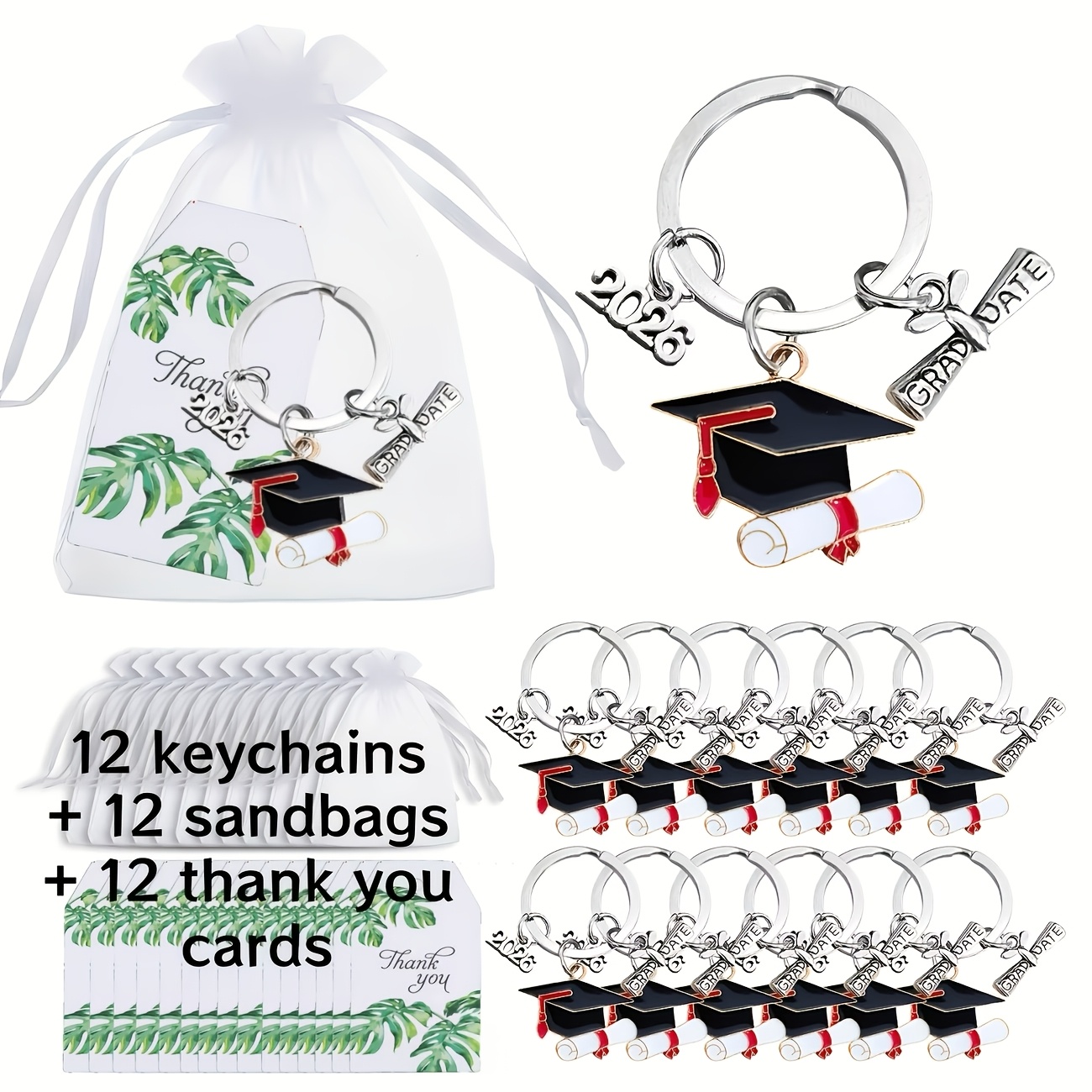 TEMU 36 piezas/12 juegos, Set de llaveros de graduación 2026, 12 llaveros de graduación, 12 etiquetas de agradecimiento bolsas de tul blancas, un