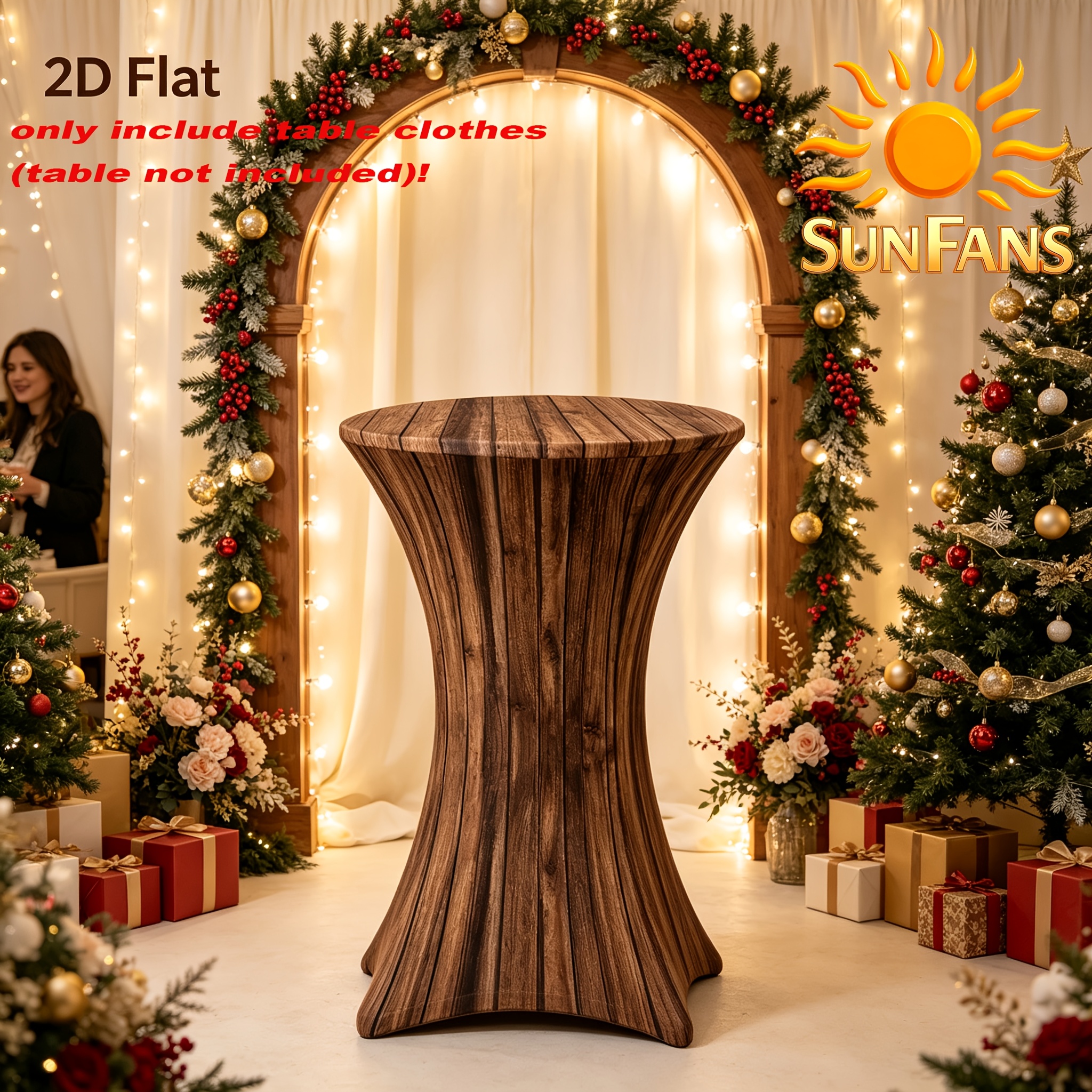 TEMU 2D flache SUNFANS Hahnenschwanz-Tischdecke in brauner Holzmaserung, elastische Spandex-Tischdecke für hohe runde Tische, rustikaler dehnbarer