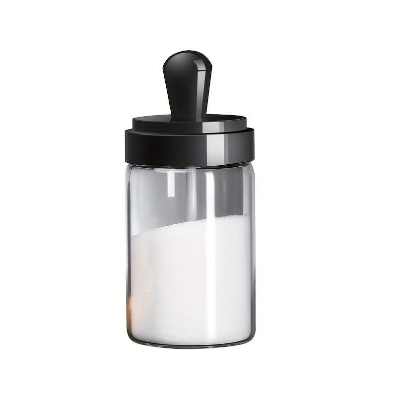 

300ml Elegant European-style Glass With Black Lid And Spoon - Salt, Sugar, And -, Holiday-themed Kitchen Storage Solution