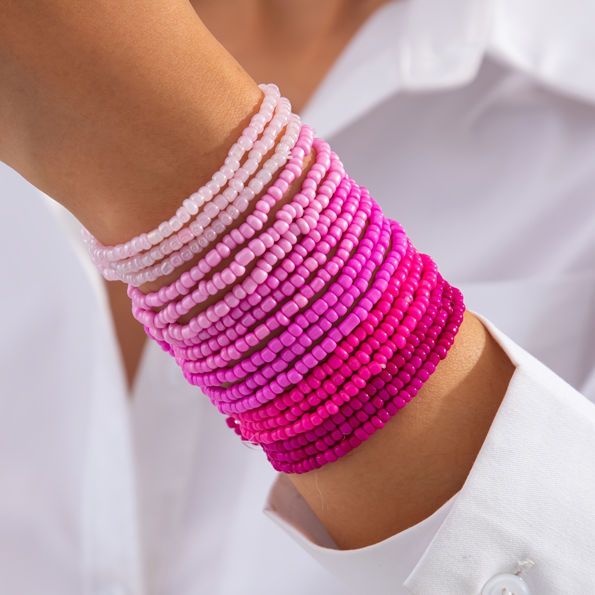 18pcs Pink Bead Bracelet Set - Handcrafted, Stackable Wristbands Suitable For Everyday And Vacation Wear, Couple Bracelets