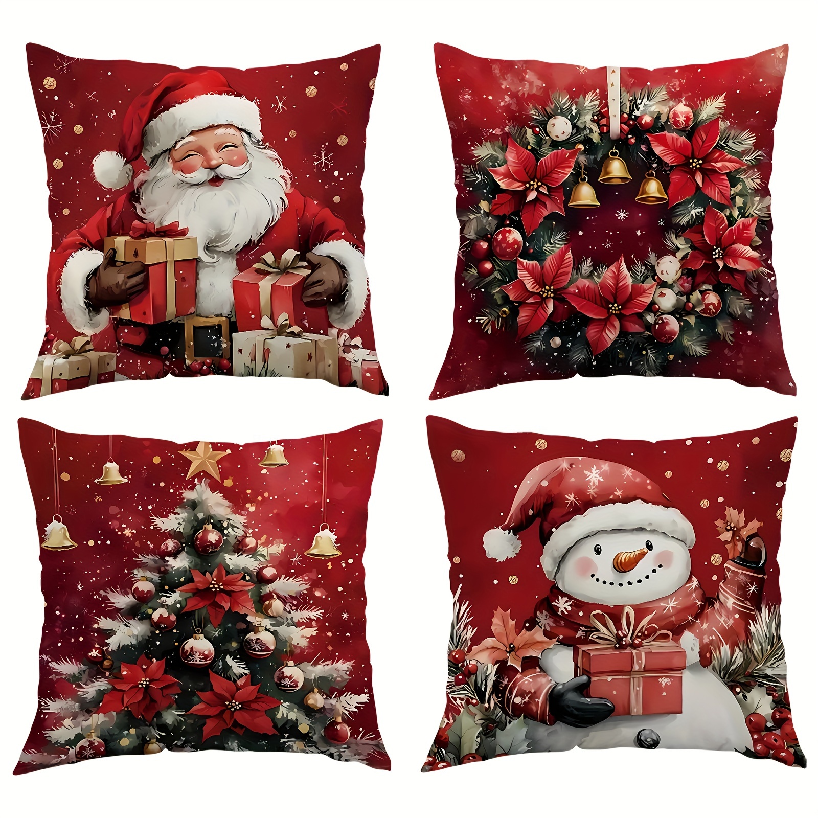 

4pcs Christmas Throw Pillow Covers Set, Contemporary Design, Velvet Printed, Machine Washable, Zipper Closure, Decor For Living Room, Bedroom, Sofa, Couch - 100% Polyester, Multiple Sizes