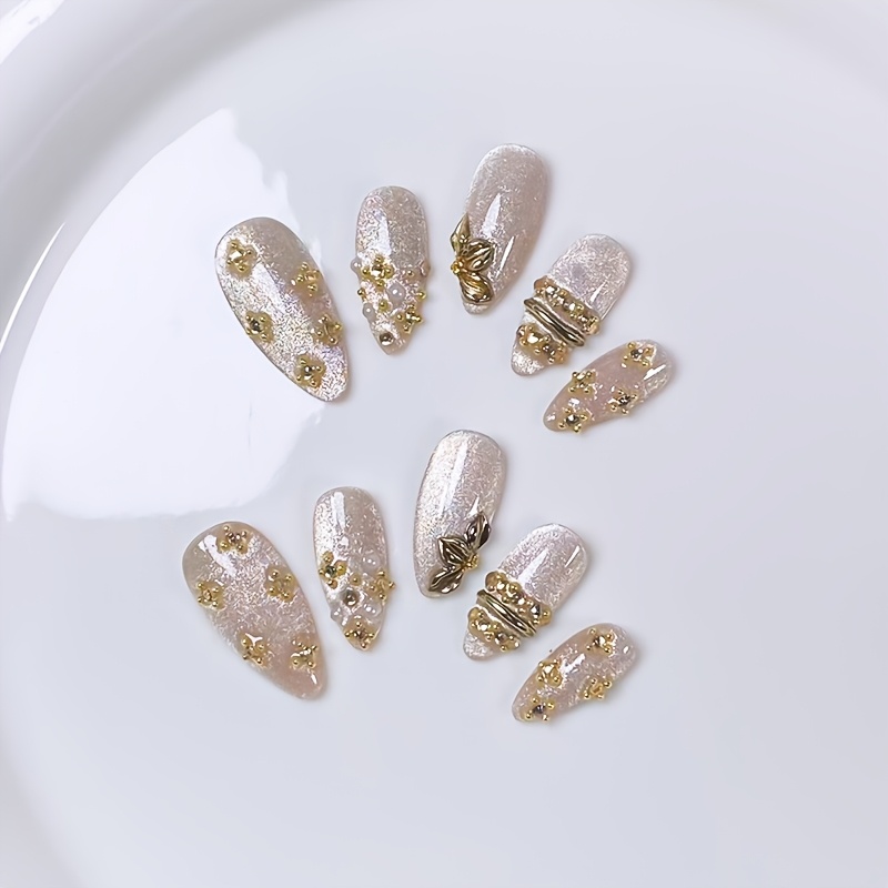 TEMU 10pcs Pure Handmade Almond Press-on Nails Set, Autumn Style Short Women Nail Art, Press-on Handmade Nail Stickers, Women's Nail Fake Nails, '
