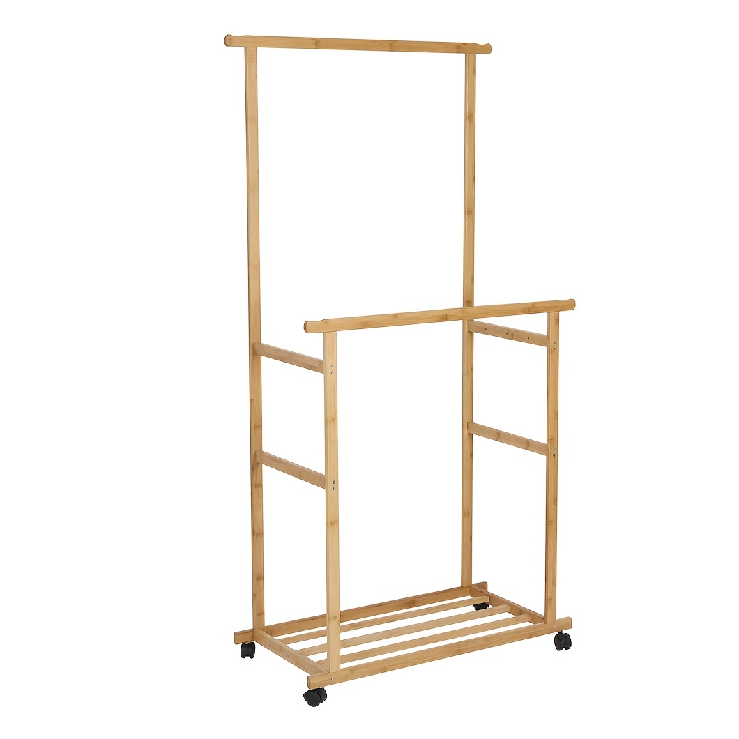 TEMU 1pc Double Hanging Rails Clothes Rack Bamboo Garment Coat With Storage Shelves With Wheels For Entry Apartment 80x40x160cm
