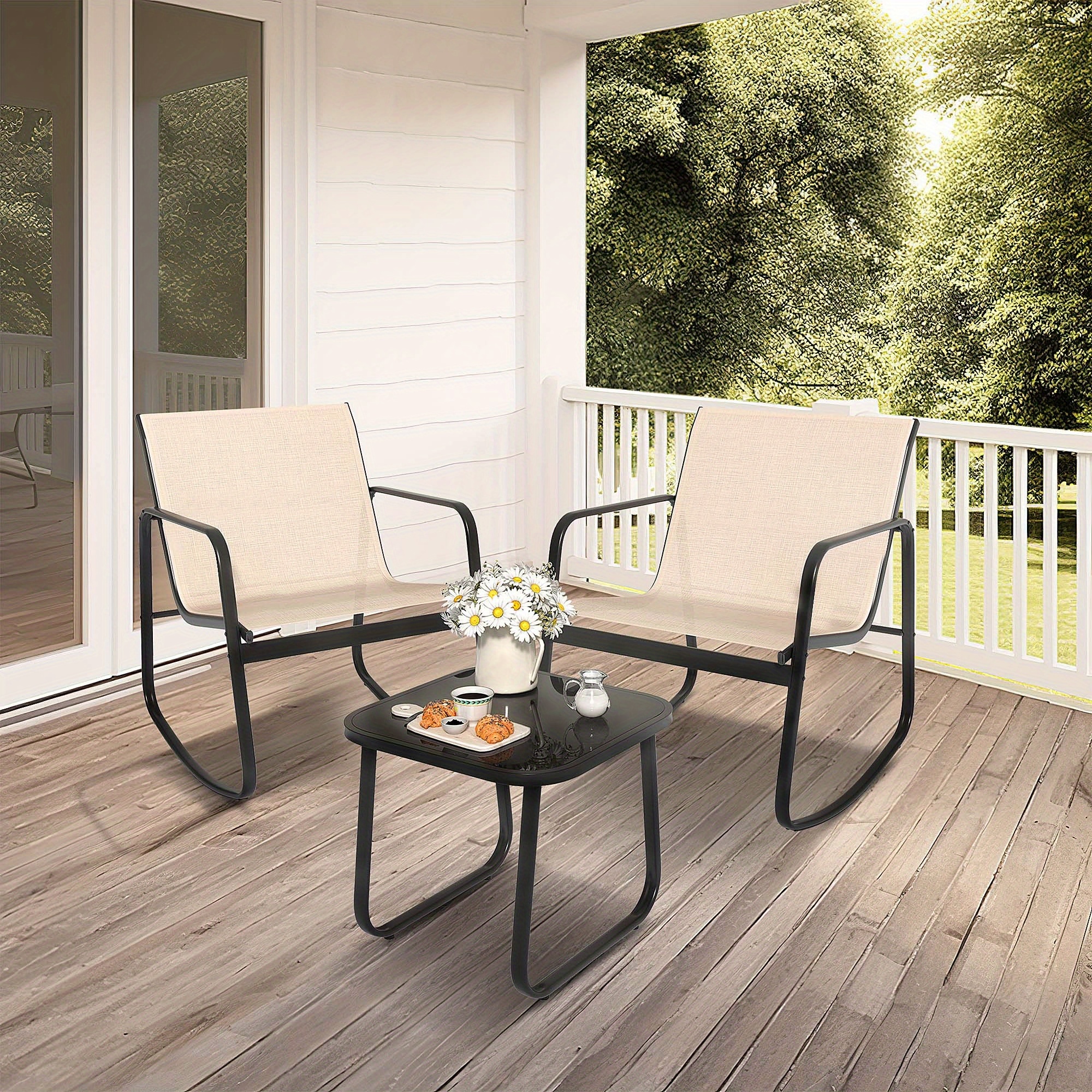 

Elegant Rattan Rocking Chairs And Coordinating Side Table For Backyard