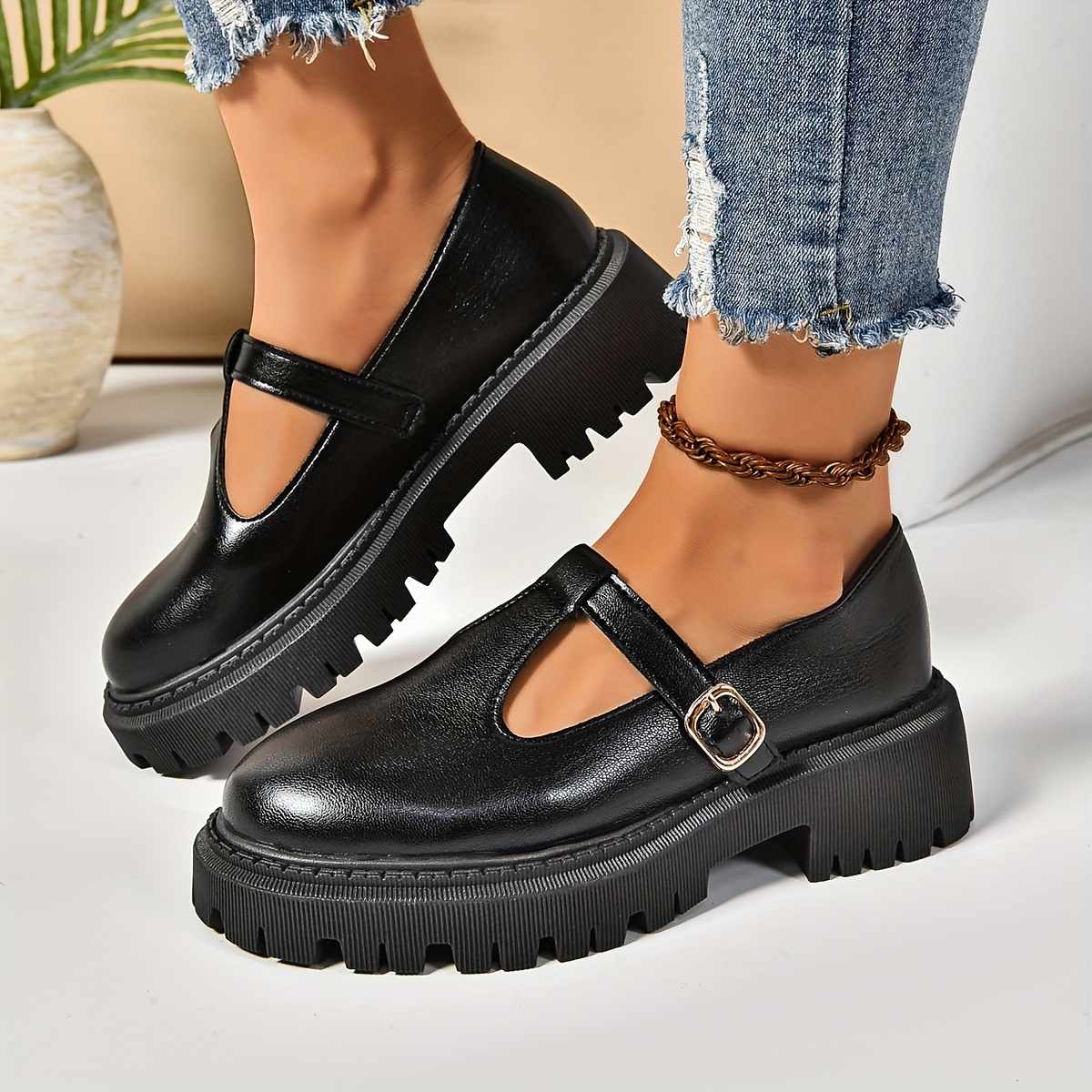 

Women's Solid Color Trendy Loafers, Platform Buckle Bands Soft Sole Dressy Shoes, Elegant Round Toe Preppy Shoes