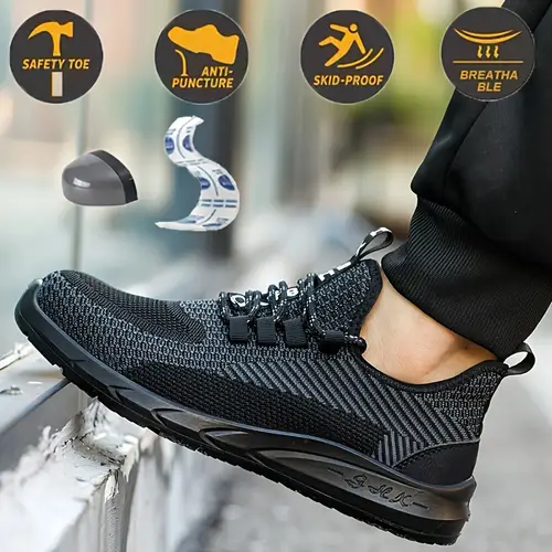 safety work shoes with steel toe caps anti hit anti puncture portable easy to put on and durable eva sole microfiber upper fabric inner insole hiking outdoor and casual wear