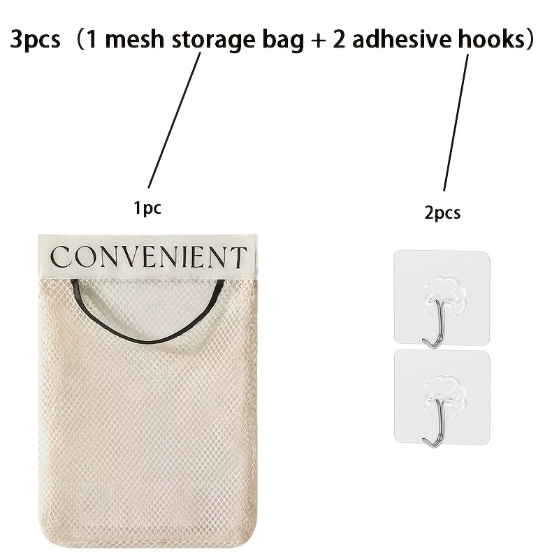 TEMU 3pcs Set (1pc Mesh Storage Bag And 2pcs Hooks) Kitchen Hanging Mesh Organizer, Large Capacity Wall-mounted Storage Bag, Reusable Door-back Net
