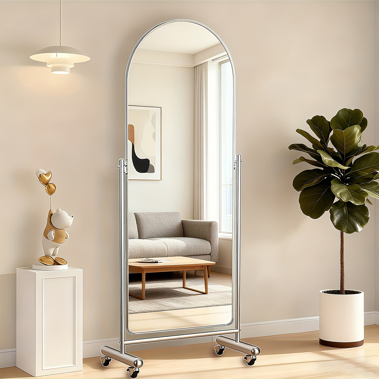 E-shop Tragbarer Ganzkörperspiegel 56×166 cm, Großer gebogener Ganzkörperspiegel mit Rollen Edelstahlständer, Verstellbarer Winkel, Geeignet für