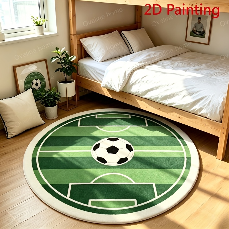 TEMU Velvet 900g 9mm Cartoon Realistic Style Living Room Carpet Sports Soccer Pattern Bedroom Decor Bedside Carpet Round Lounge Room Plush Carpet