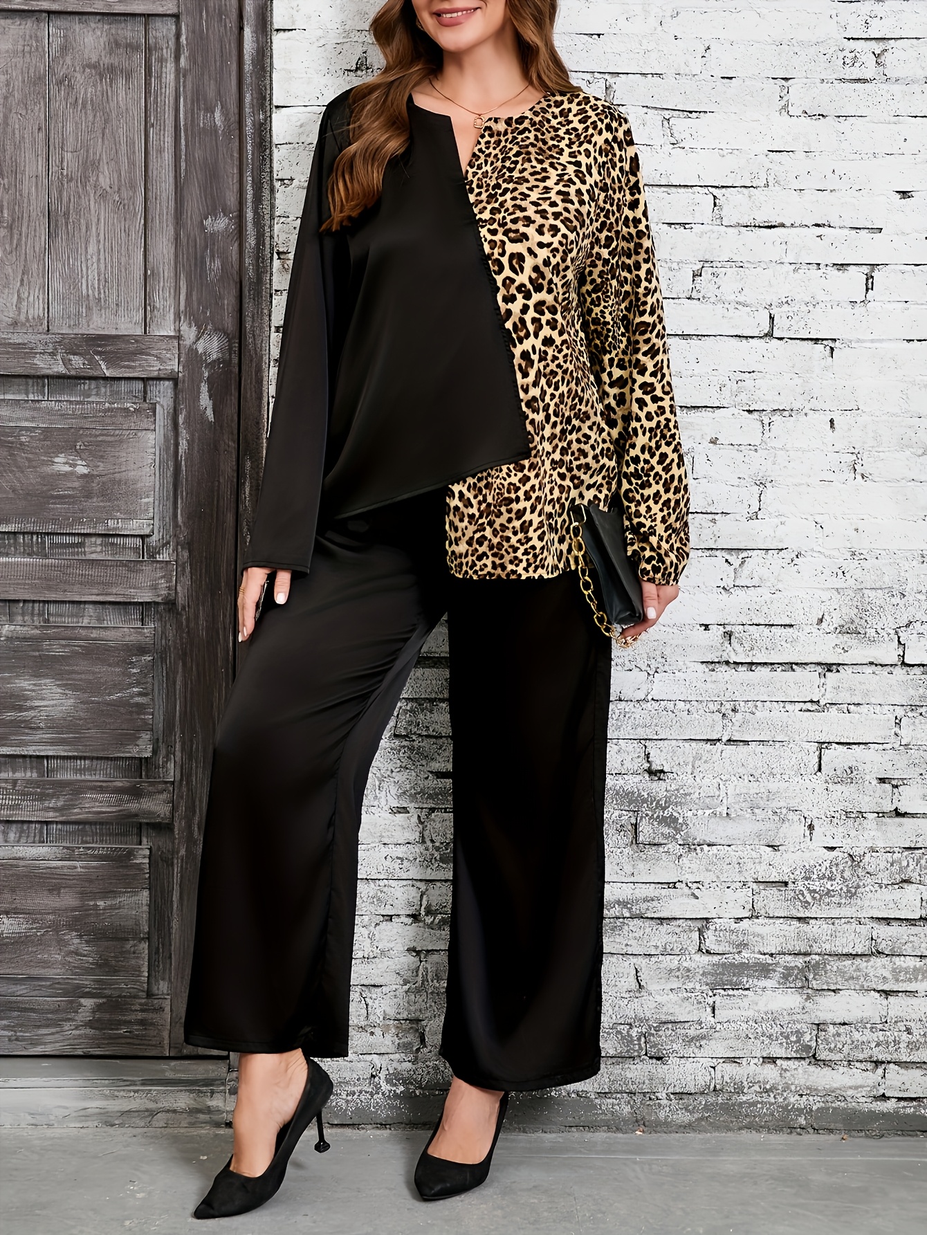 women's plus size leopard print v neck long sleeve top wide Temu