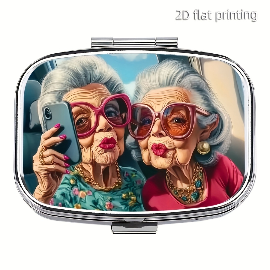 Image of 1pc Granny Who Selfies Pill Box - 2-compartment Mini Portable Medicine Organizer, Decorative Cross Design, Ideal For Purse & Travel, Pill Box For Purse