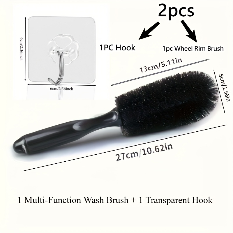 TEMU 2pcs Set 1pc Car Multifunctional Brush And 1pc Transparent Hook Car Wheel Brush Car Washing Tire Brush Special Cleaning Tool Cleaning Steel Rim