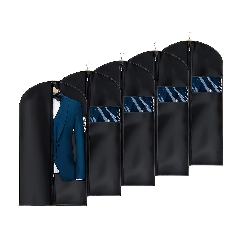 5pcs Black Washable Suit Covers with Transparent Windows for Shirts, Suits, Dresses – Multiple Sizes Up to 55" Length