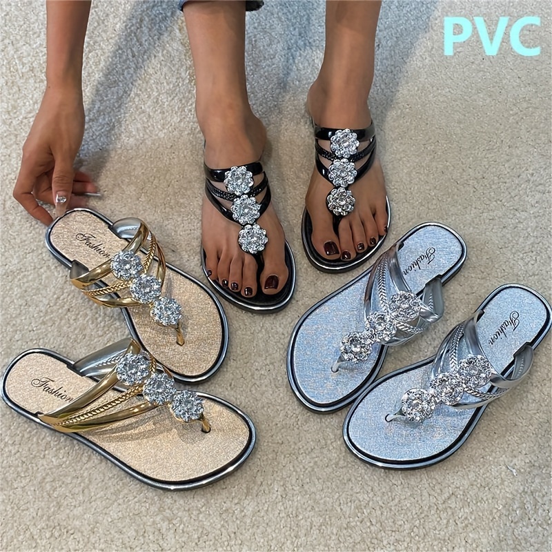 

Women's Summer Floral Slides, Rhinestone Flower Flat Sandals, Lightweight Pvc Flip-flops For Casual Wear