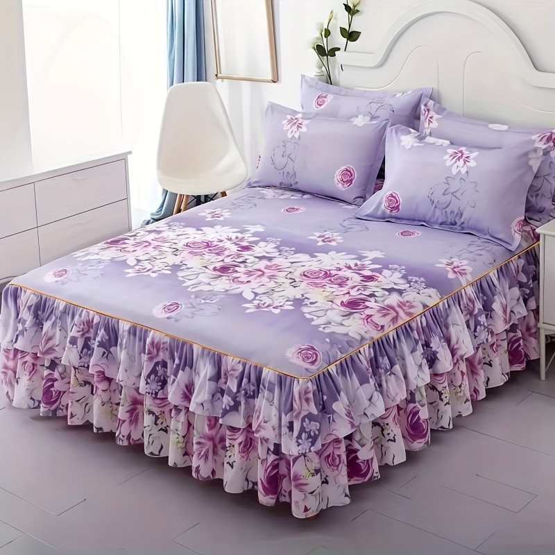 Image of Floral Print Edge Bed Skirt Set, 2/3 /set Including 1 Bed Skirt & 1/2 Pillowcases Without Filler, Comfy Bedding For Home Bedroom