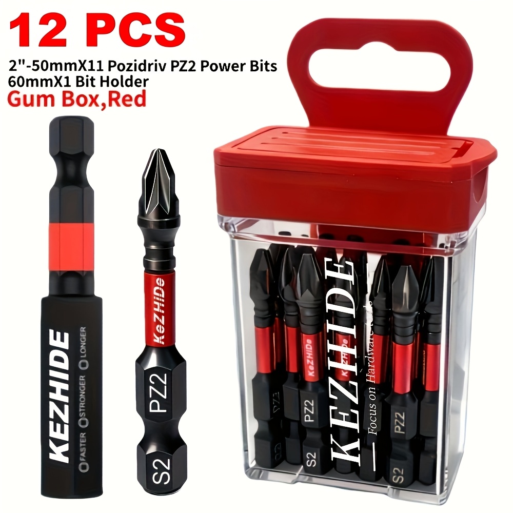 TEMU 11pcs 2-inch Pz2 Strong Magnetic Impact Screwdriver Electric Heads, 1pc 60mm Drill Bit Extension Rod, With Hard Plastic Red Transparent Box