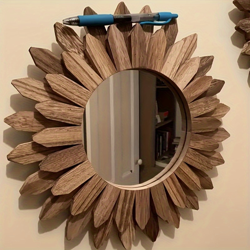 

1pc Rustic Sunflower-shaped Wall Mirror, Bohemian Style, Decorative Wooden-look Hanging Mirror For Entryway, Bedroom, Living Room