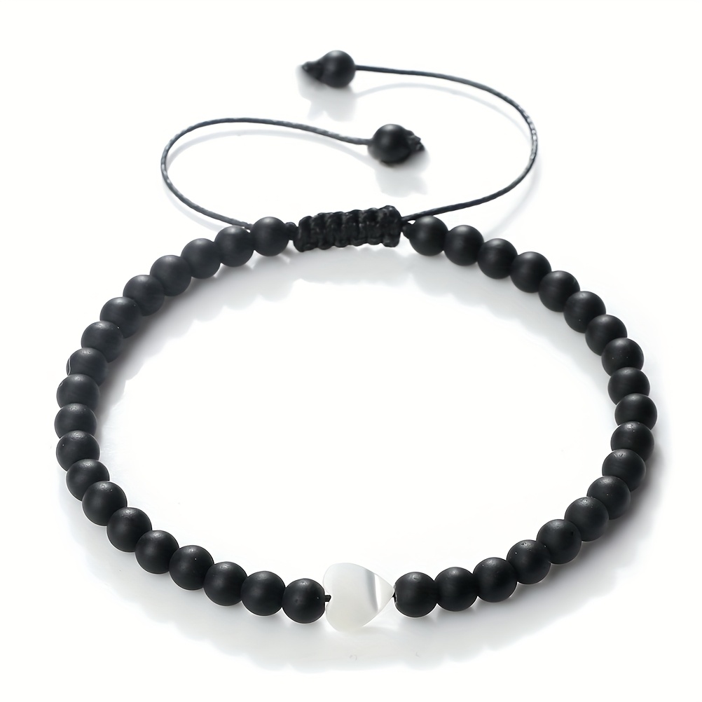 TEMU 1pc Heart-shaped Shell Pendant Classic Simple Versatile Braided Beaded Bracelet Stone Black And White 4mm Frosted Black Unisex Adjustable Large