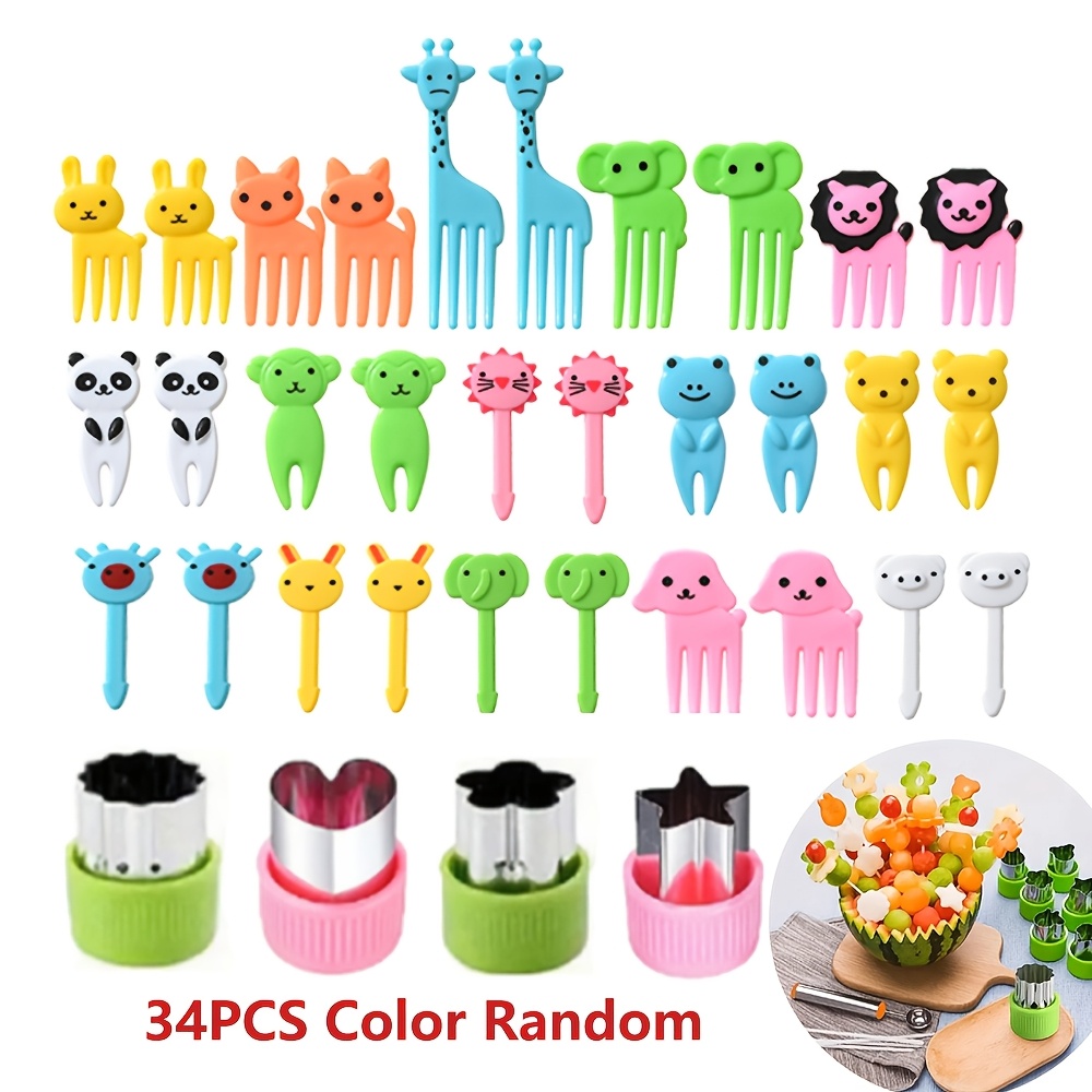 Random 34pcs Cute Animal Mini Food Picks Lunch Box Accessory Set, 4pcs Fruit And Vegetable Cutting Tools - Perfect For Snacks, Cakes, And Fruits
