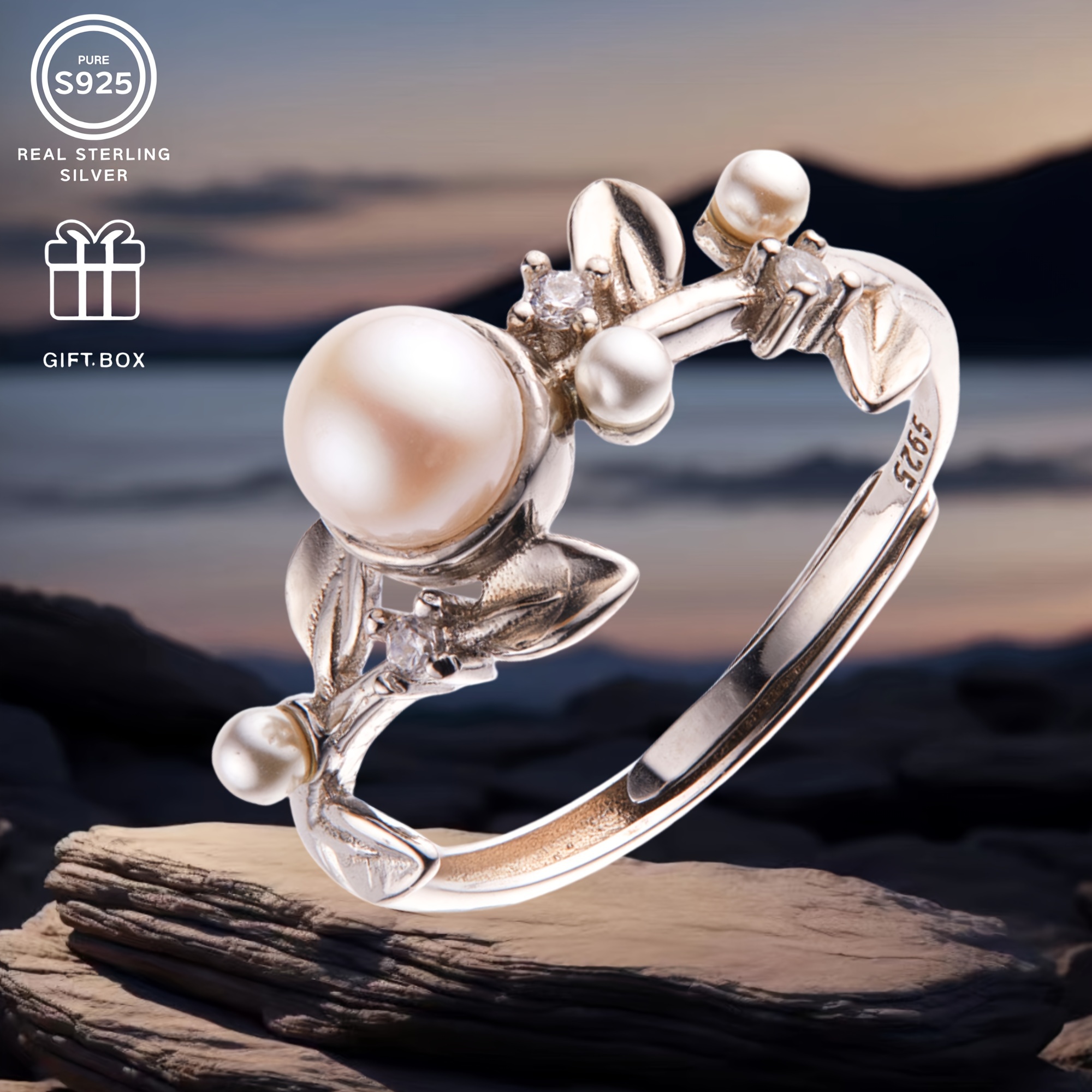 Adjustable S925 Silver Ring with Freshwater Pearl & Grape Leaf