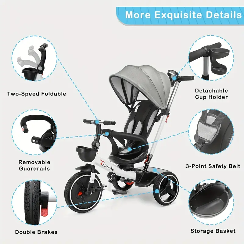 1pc baby tricycle 6 in 1 baby push bike steer stroller learning toddler bike detachable guardrail adjustable canopy safety harness folding pedal storage basket brake shock absorption details 2