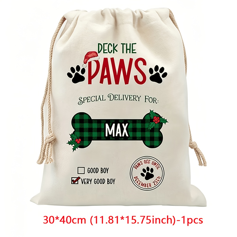 TEMU Gift For Her/him Personalized Custom Pet Dog Boy Girl Name Red Green Check Paw Print Santa Claus Bag Merry Christmas Holiday New Year Gift Bag