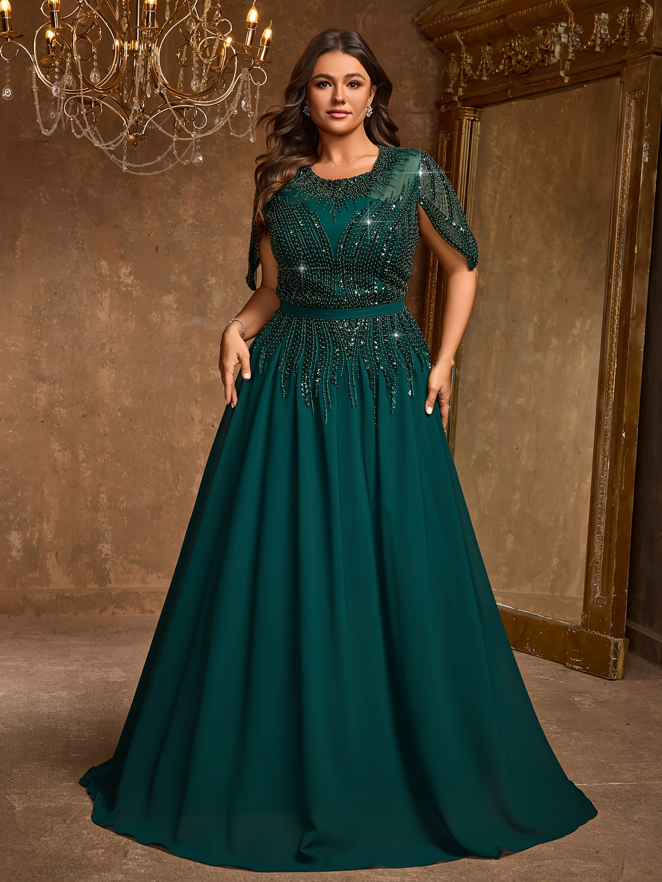 Plus Size - Plus Size - Elegant Evening Gown for Plus-Size Women, Featuring  a Beaded Round Neck And Waist-Cinching Design. This Chiffon Formal Dress Is  Perfect for Bridesmaids And Suitable for Summer ...
